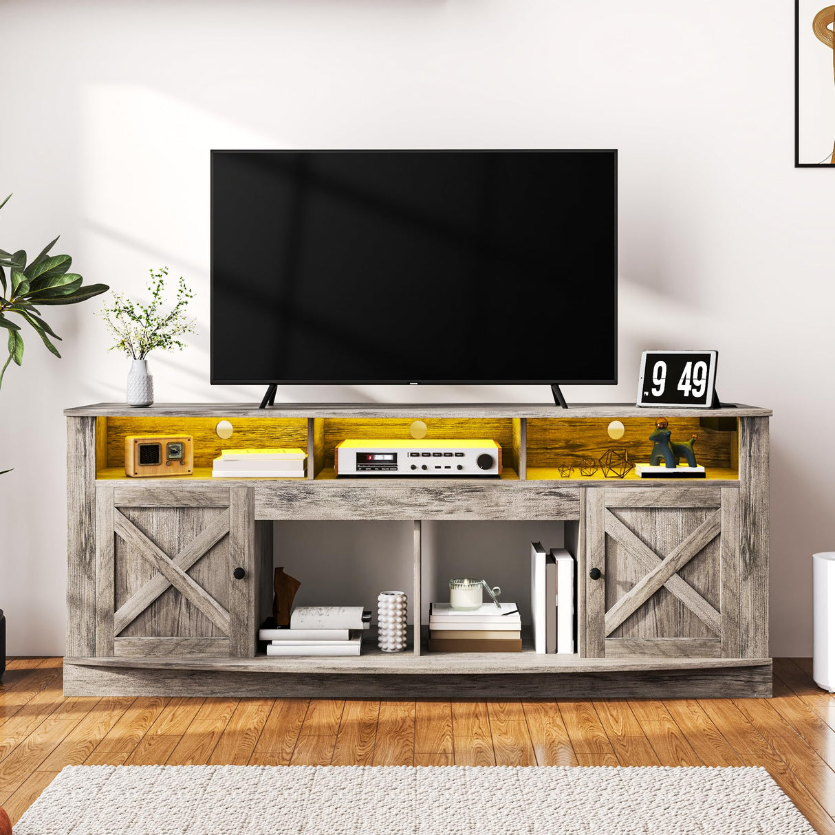 DWVO TV Stand for 75/80 Inch TV, Entertainment Center, LED Light Media Console, TV Cabinet with Barn Doors and Power Outlet for Living Room, Washed Grey DWVO