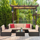Shintenchi 6 Pieces Patio Furniture Sets Outdoor All-Weather Sectional Patio Sofa Set PE Rattan Manual Weaving Wicker Patio Conversation Set with Glass Table&Ottoman Cushion and Red Pillows, Beige Shintenchi