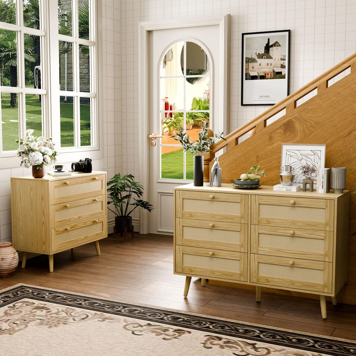 FURNIinspire 3 Drawer Dresser for Bedroom, Boho Dresser Chest with Handles for Bedroom Hallway Living Room FURNIinspire