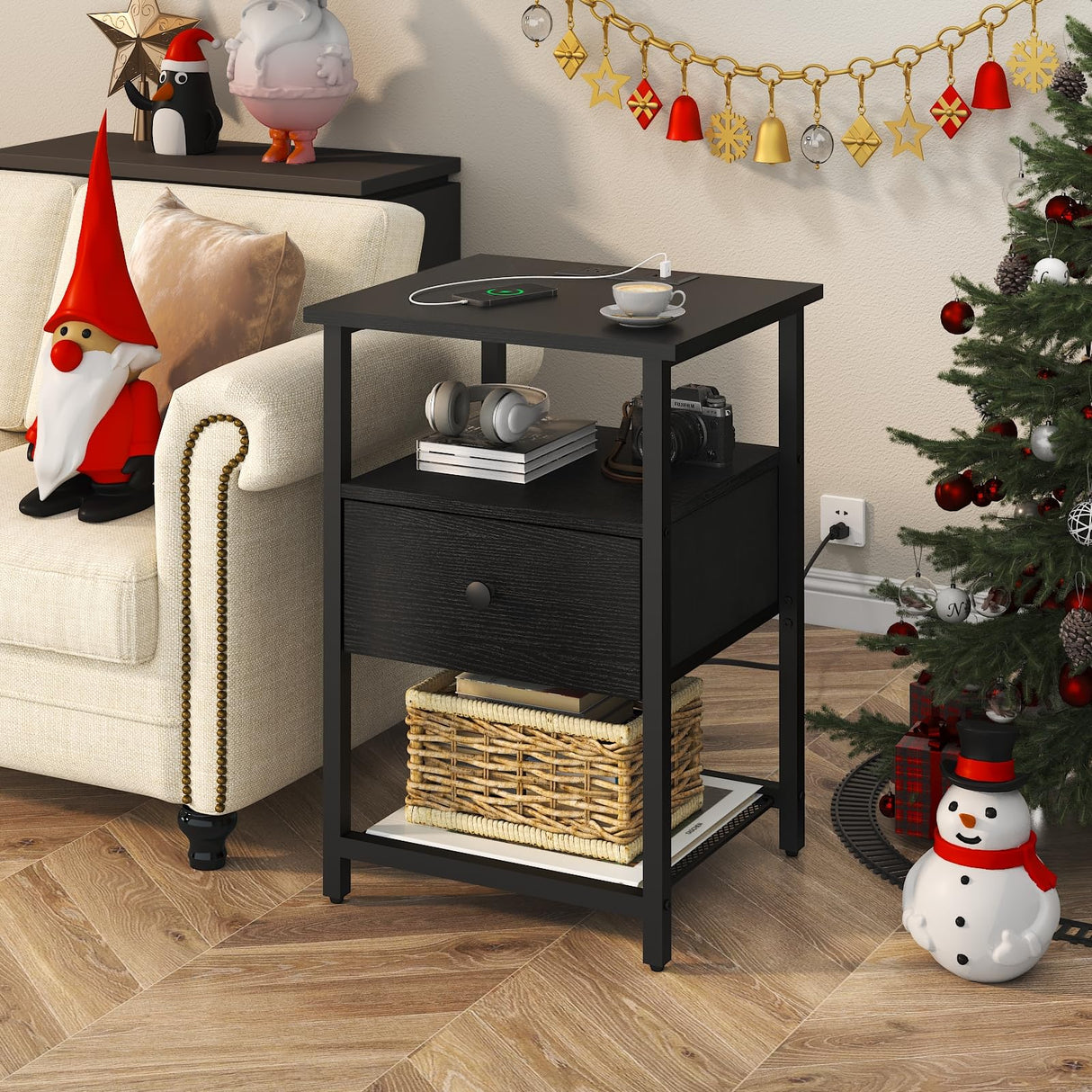 HDDDZSW LED Nightstands set of 2 with Charging Station, Bedside Tables with USB Ports and Outlets, End Table with Fabric-Wood 2-in-1 Drawer for Small Spaces, Black Side Table for Bedroom, Living Room HDDDZSW