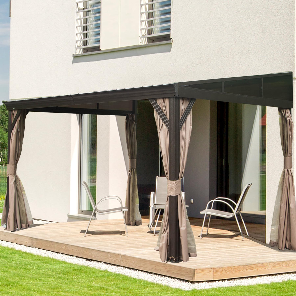 DOMI 10x12FT Lean to Gazebo with Aluminum Frame, Outdoor Hardtop Wall Mounted Gazebo with Sloping Galvanized Steel Roof, Netting Curtain for Deck, Porch, Backyard domi outdoor living