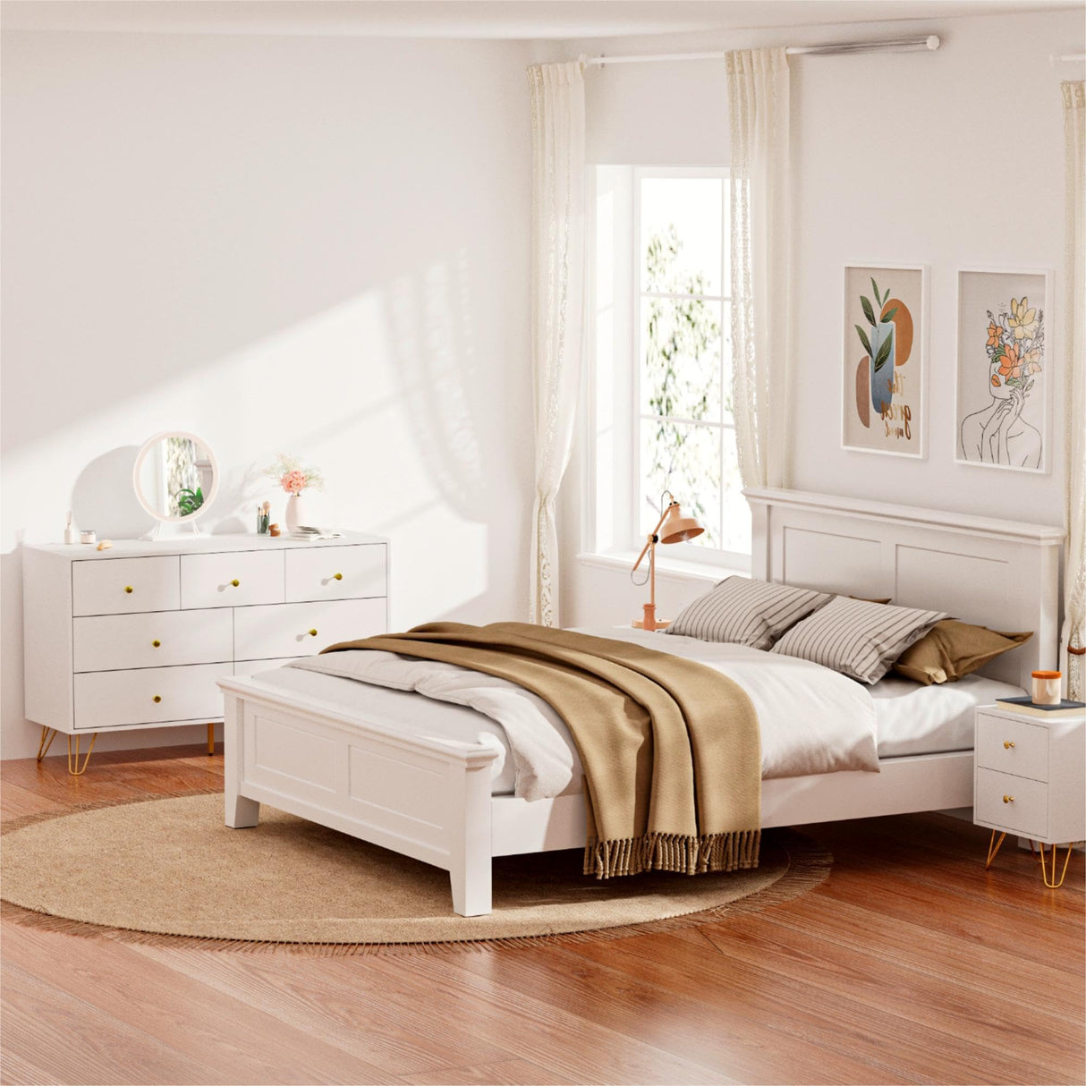 Tradare 7 Drawer Dresser and Night Stand Sets for Bedroom, Two Drawers Nightstand Set of 2 & 7 Drawer Dresser with Gold Handle, Modern White and Gold Dresser Set Tradare