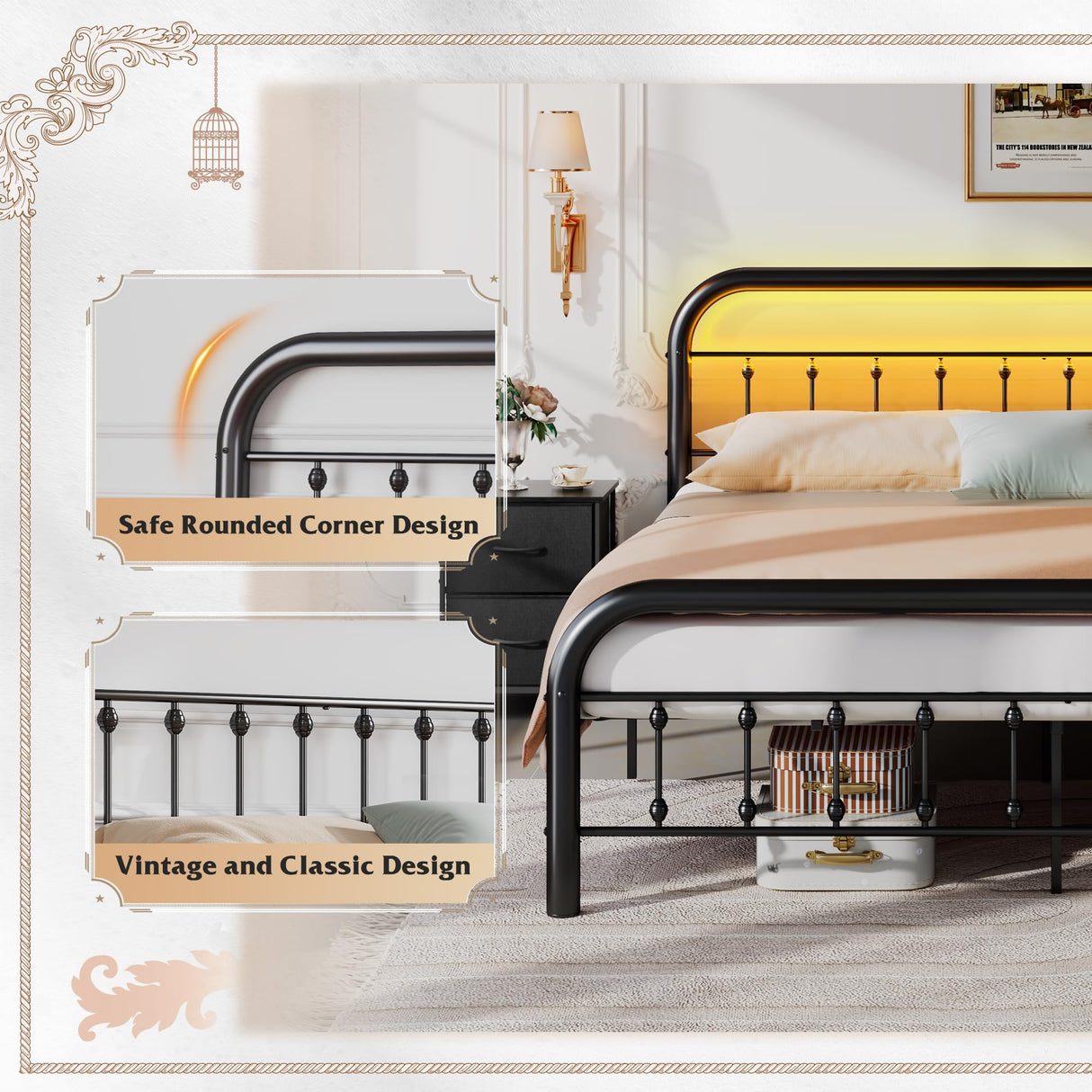 WLIVE Bed Frame King Size, King Size Bed Frame and Headboard, King Bed Frames with LED Lights and Charging Station,No Box Spring Required,Easy Assembly,Black WLIVE