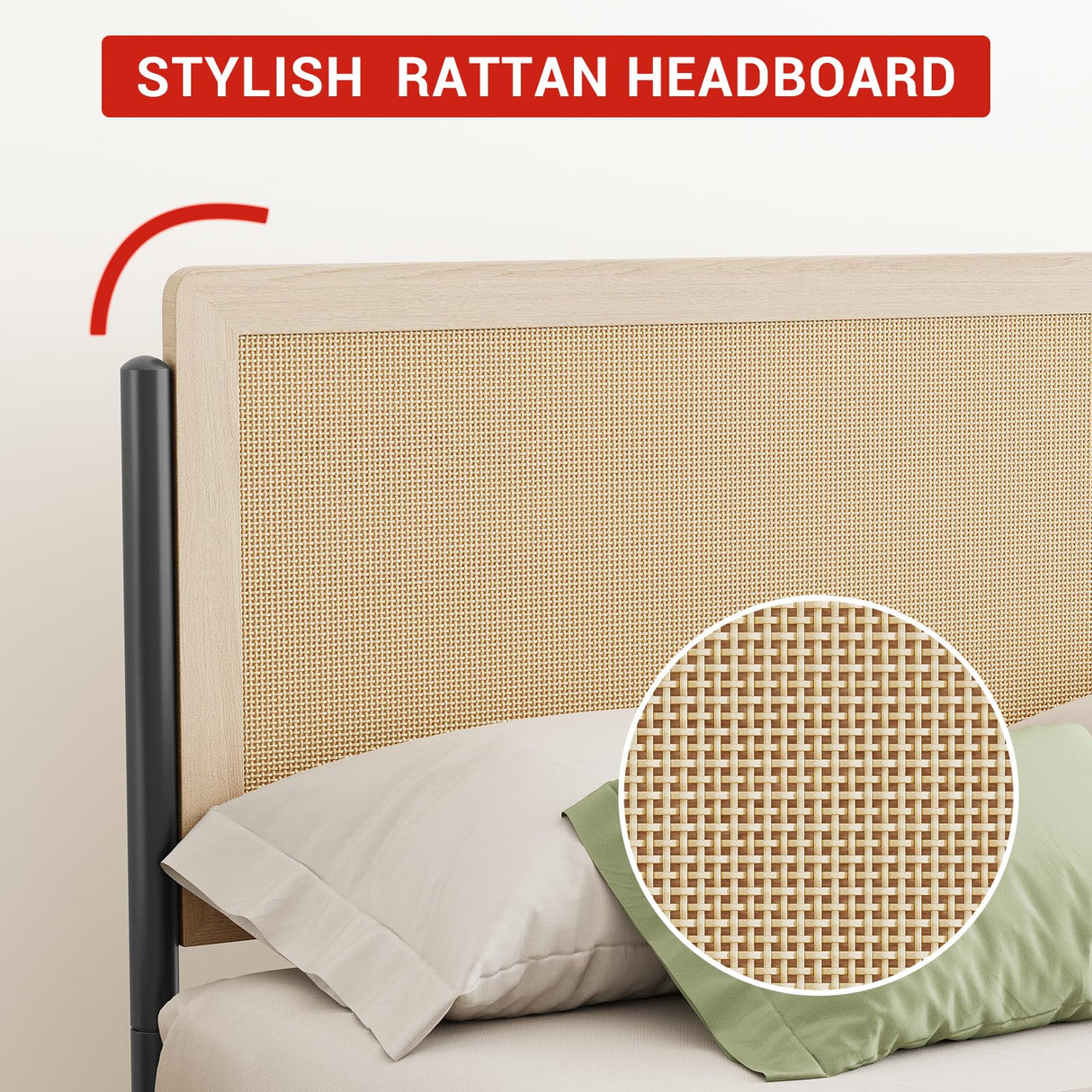 GAOMON Full Size Bed Frame with Natural Rattan Headboard & Solid Wood Footboard - Under Bed Storage Space, Quiet Noise-Free Design, No Box Spring Needed,Oak GAOMON