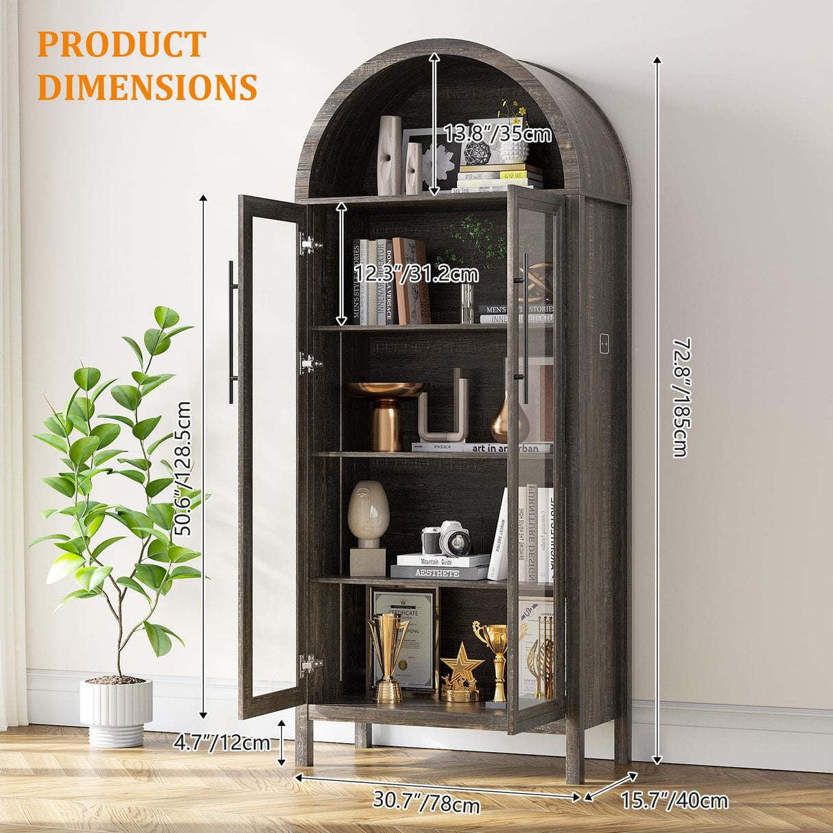 Dystler Arched Kitchen Pantry Cabinet with Glass Doors, Display Curio Case with 3 Color LED Lights for Collectibles, Modern 5-Tier Storage Hutch Cabinet Brown Dystler