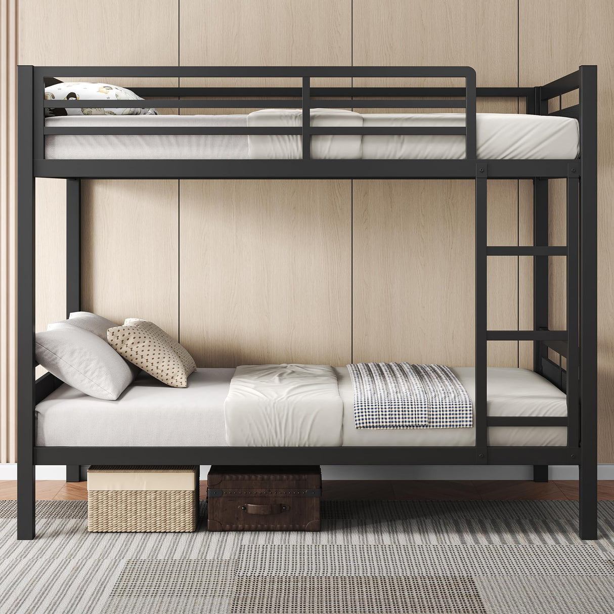 Feonase Metal Bunk Bed Twin Over Twin with Ladder and High Guardrail, Heavy-Duty Bunk Bed Frame with Metal Slats, Noise Free, No Box Spring Needed, for Kids and Juniors, Black Feonase