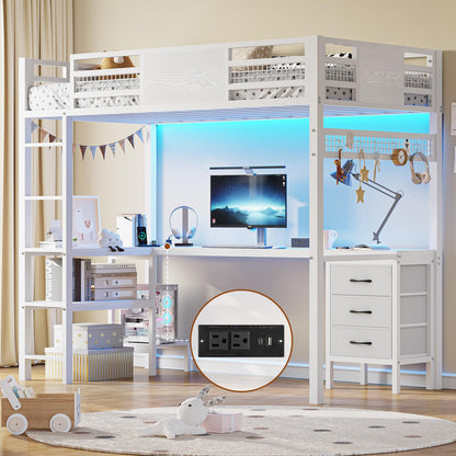 BTHFST Twin Loft Bed with L-Shaped Desk, LED Lights, Charging Station & Storage Solutions - WoodArtSupply