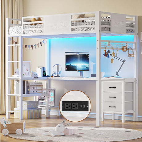 BTHFST Twin Loft Bed with L-Shaped Desk, LED Lights, Charging Station & Storage Solutions BTHFST