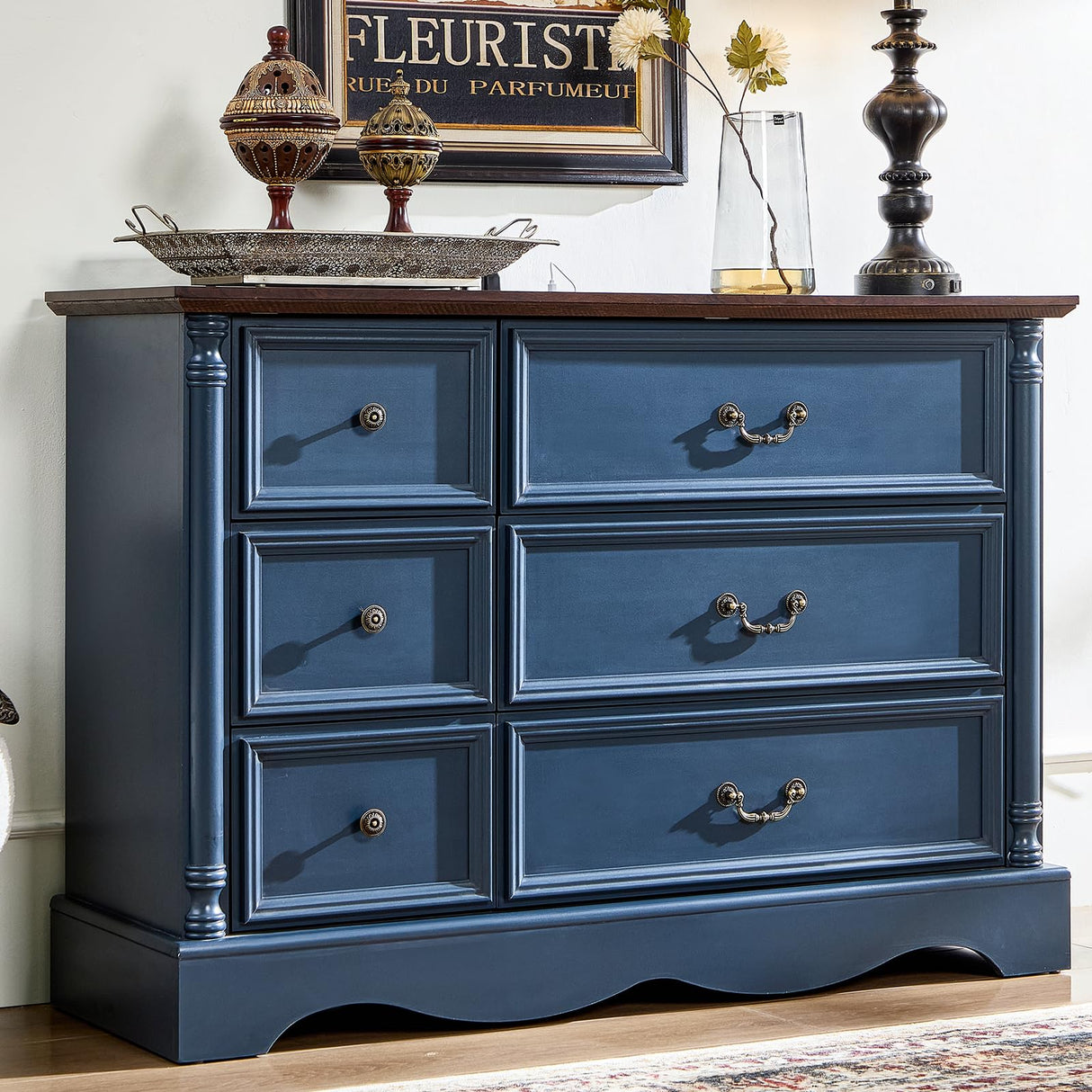 6 Drawers Dresser, Farmhouse Chest of Drawers with Charging Station, Refined Blue Finish Design, Modern Storage Dressers Organizer TV Stand for Bedroom, Living Room, Hallway, Indigo Blue LegacyAmerhome