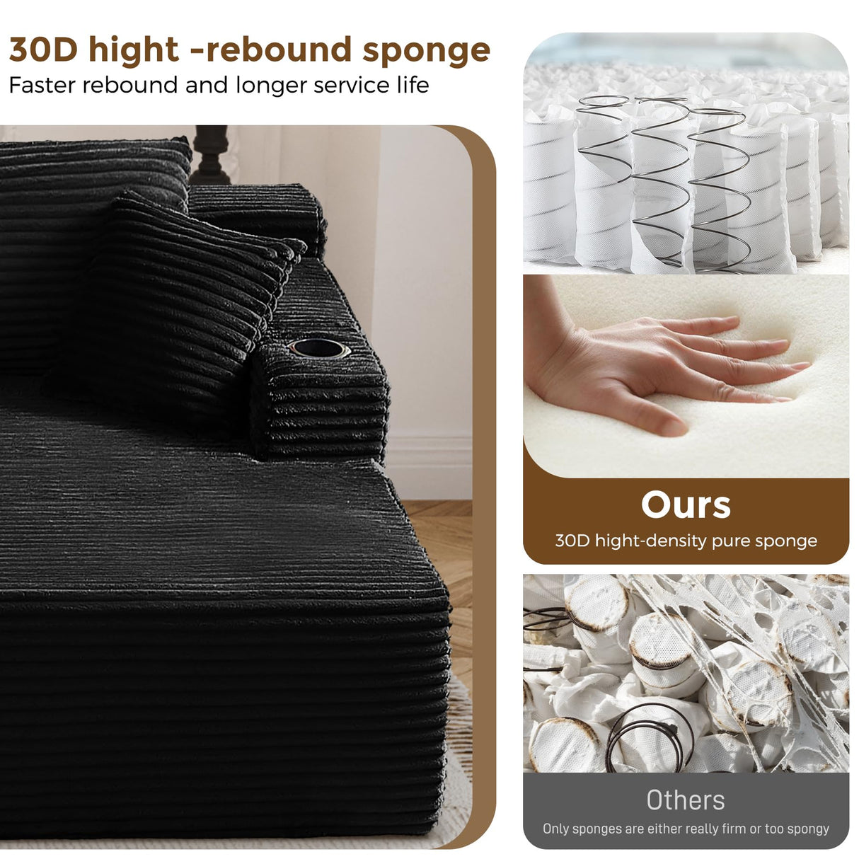 133" Oversized Cloud Boneless Sofa Couch with Chaise, Modern Corduroy U Shaped Modular Sectional Sofa with Deep Seat, Comfy Couch with Cupholders and Storage, No Assembly Required-Black VYNELITO