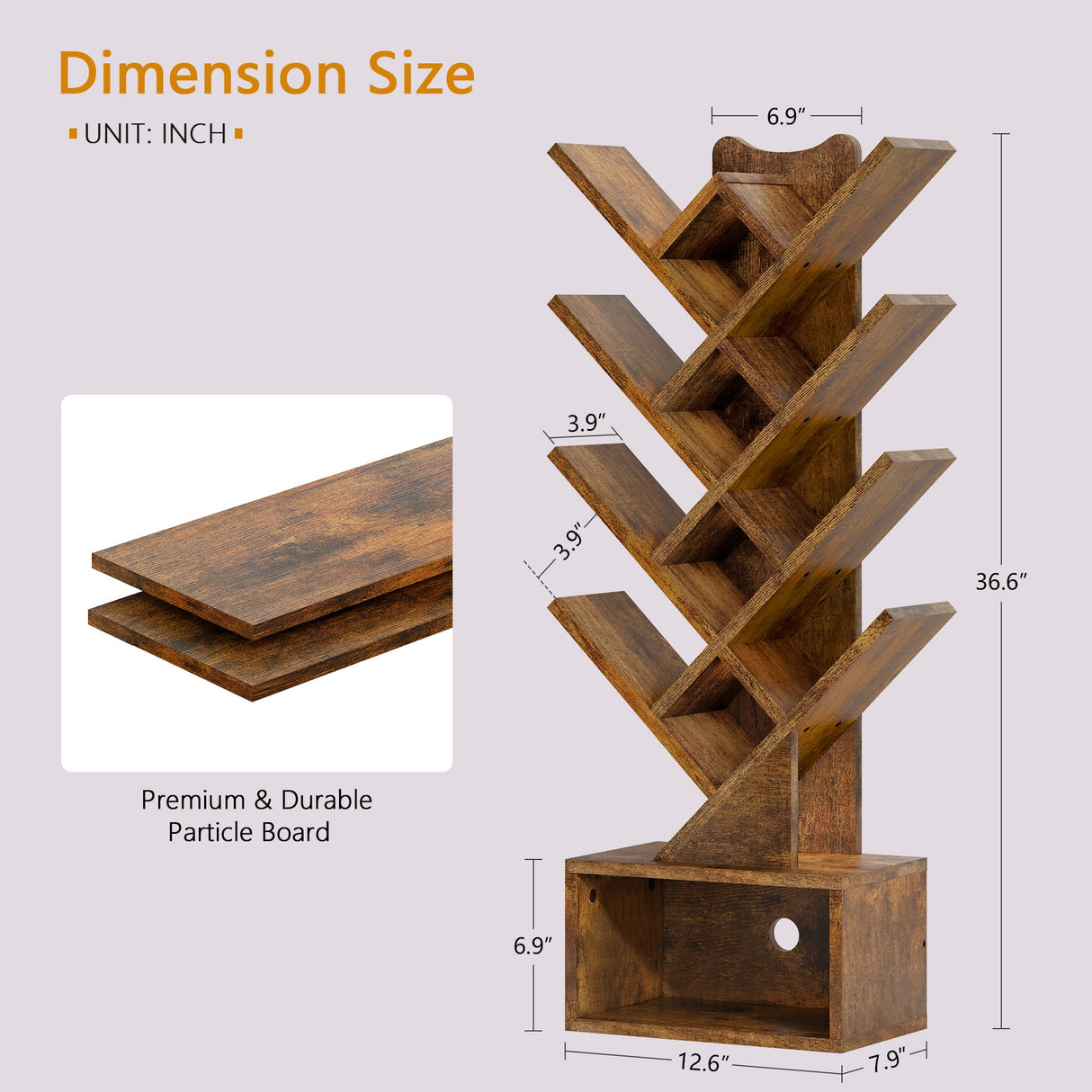 Gewudraw Tree Bookshelf with Lights LED, 4 Tier Book Shelf, Small Tree Bookcase with Storage Organizer,Floor Standing Corner Bookshelf for Bedroom, Living Room & Home Office, Rustic Brown Gewudraw