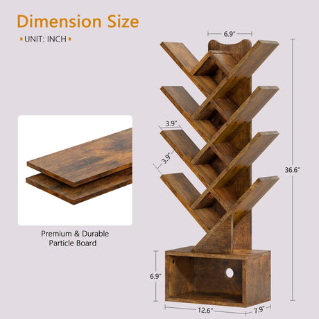 Gewudraw Tree Bookshelf with Lights LED, 4 Tier Book Shelf, Small Tree Bookcase with Storage Organizer,Floor Standing Corner Bookshelf for Bedroom, Living Room & Home Office, Rustic Brown Gewudraw
