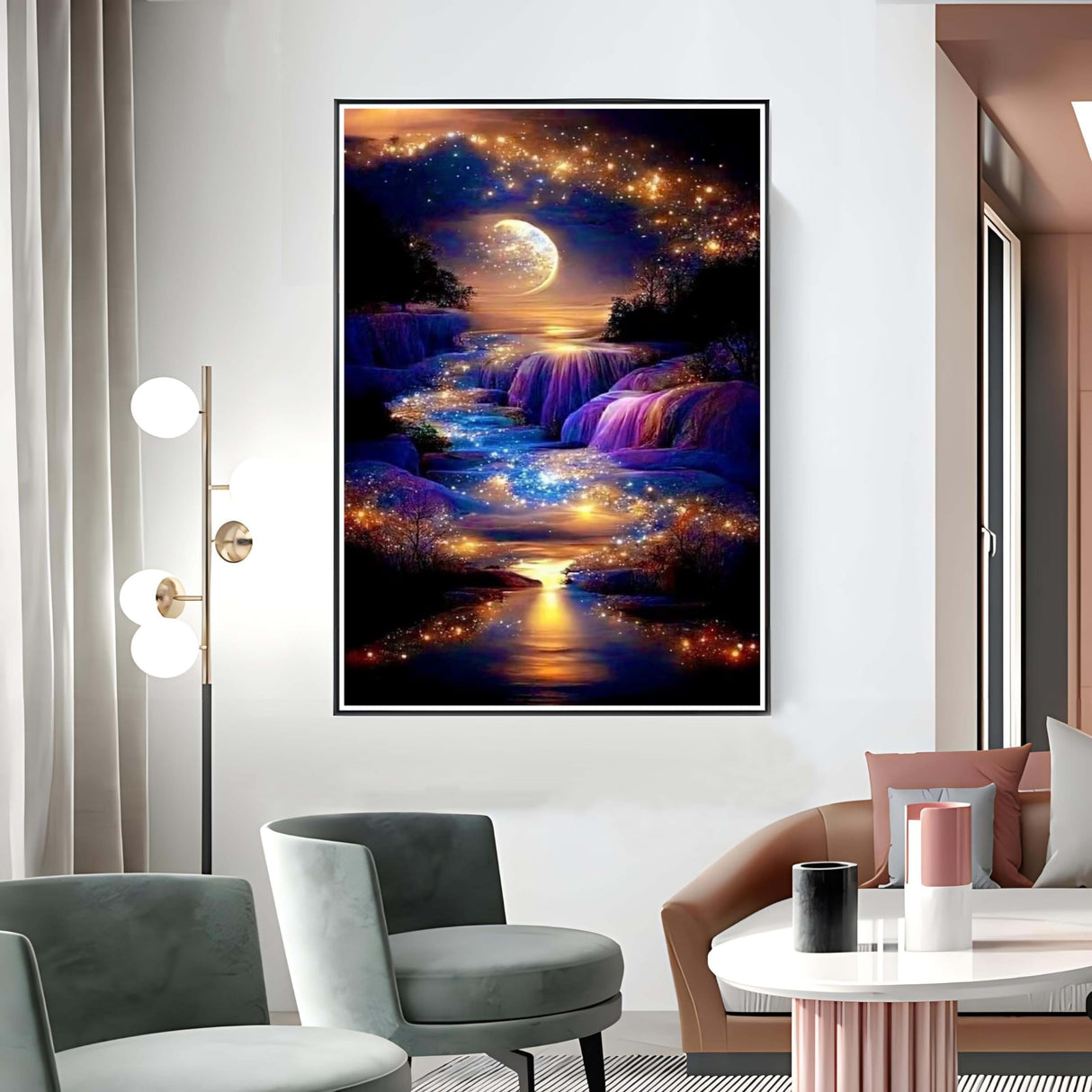Waterfall Landscape Diamond Art Kits For Adults,DIY Moonlight Diamond Painting Kits For Adults Beginners,5D Full Drill Diamond Dots With Diamond Gem Art And Crafts For Home Wall Decor 12x16inch ZQEATRY