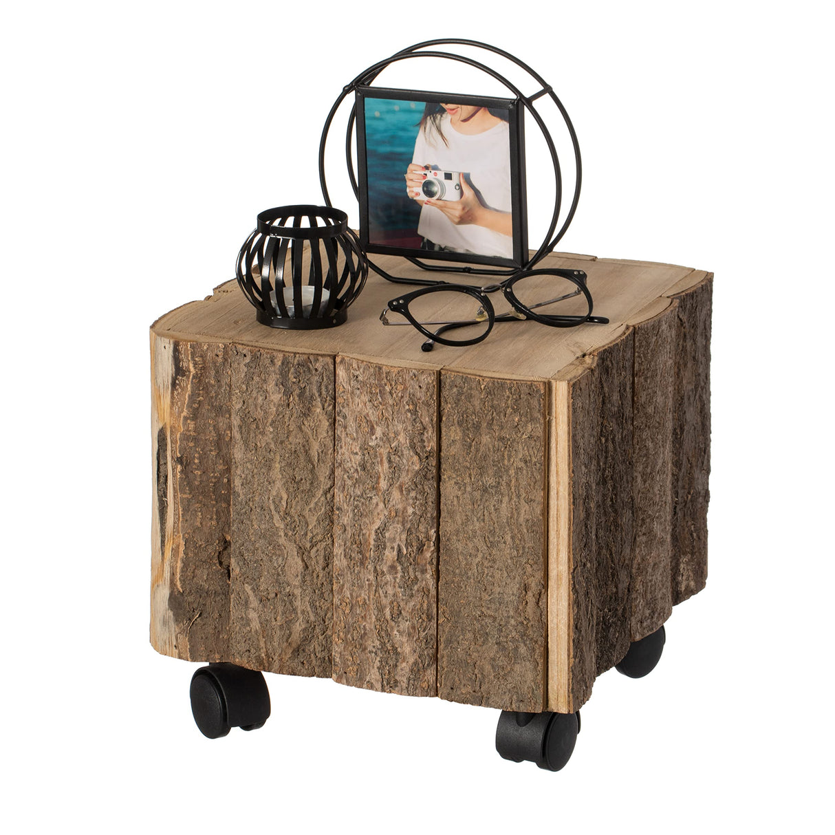 Vintiquewise Accent Decorative Natural Wooden Square Stump Stool, with Wheels for Indoor and Outdoor Vintiquewise