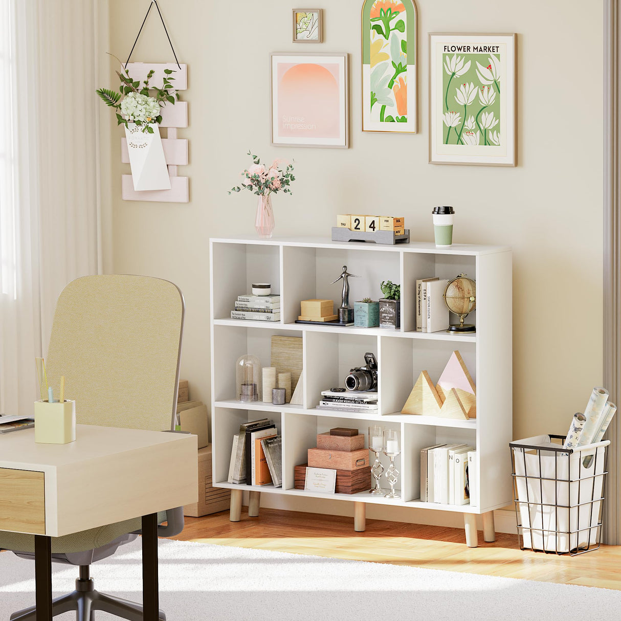 Furniwell 9 Cube Bookcase & Bookshelf, 3 Tier Storage Organizer with Legs, Freestanding Open Frame Book Shelves for Living Room, Office, White Furniwell