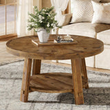 LITTLE TREE Solid Wood Coffee Table with Storage, 2-Tier Farmhouse Round Coffee Table for Living Room, Easy Assembly (Rustic Wood Color) LITTLE TREE