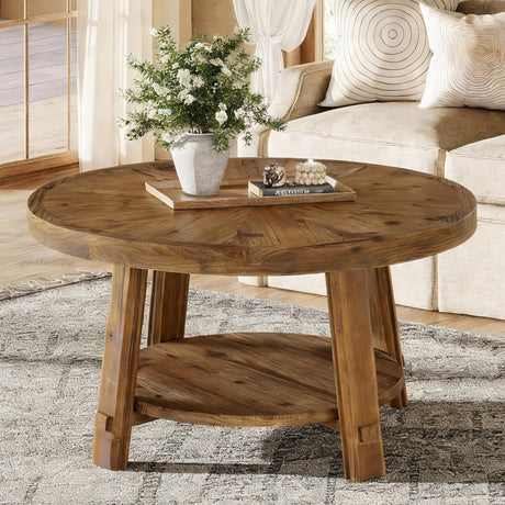 LITTLE TREE Solid Wood Coffee Table with Storage, 2-Tier Farmhouse Round Coffee Table for Living Room, Easy Assembly (Rustic Wood Color) LITTLE TREE