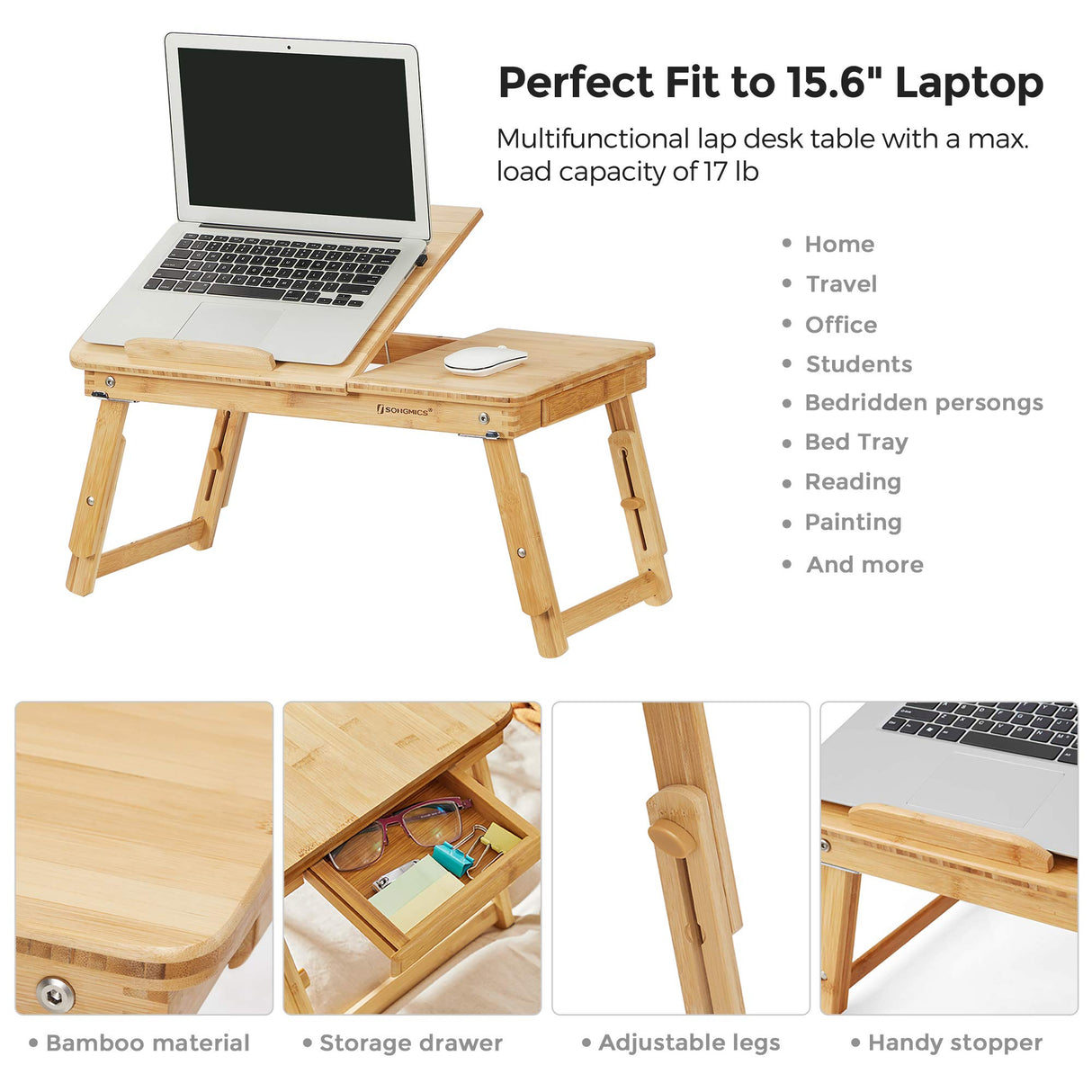 SONGMICS Laptop Desk, Folding Lap Tray, Bamboo Bed Desk with Tilting Top, Small Drawer, for Home Office, Bedroom, Natural ULLD01N SONGMICS