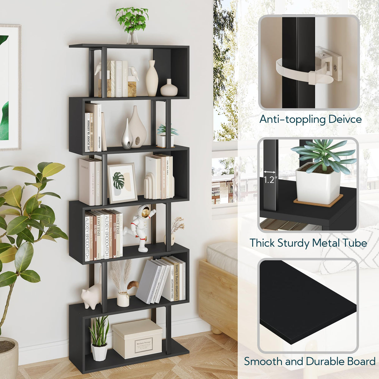 Yusong S Shaped Bookshelf, Modern Geometric Bookcase, 6-Tier Black Display Case Book Shelf Yusong
