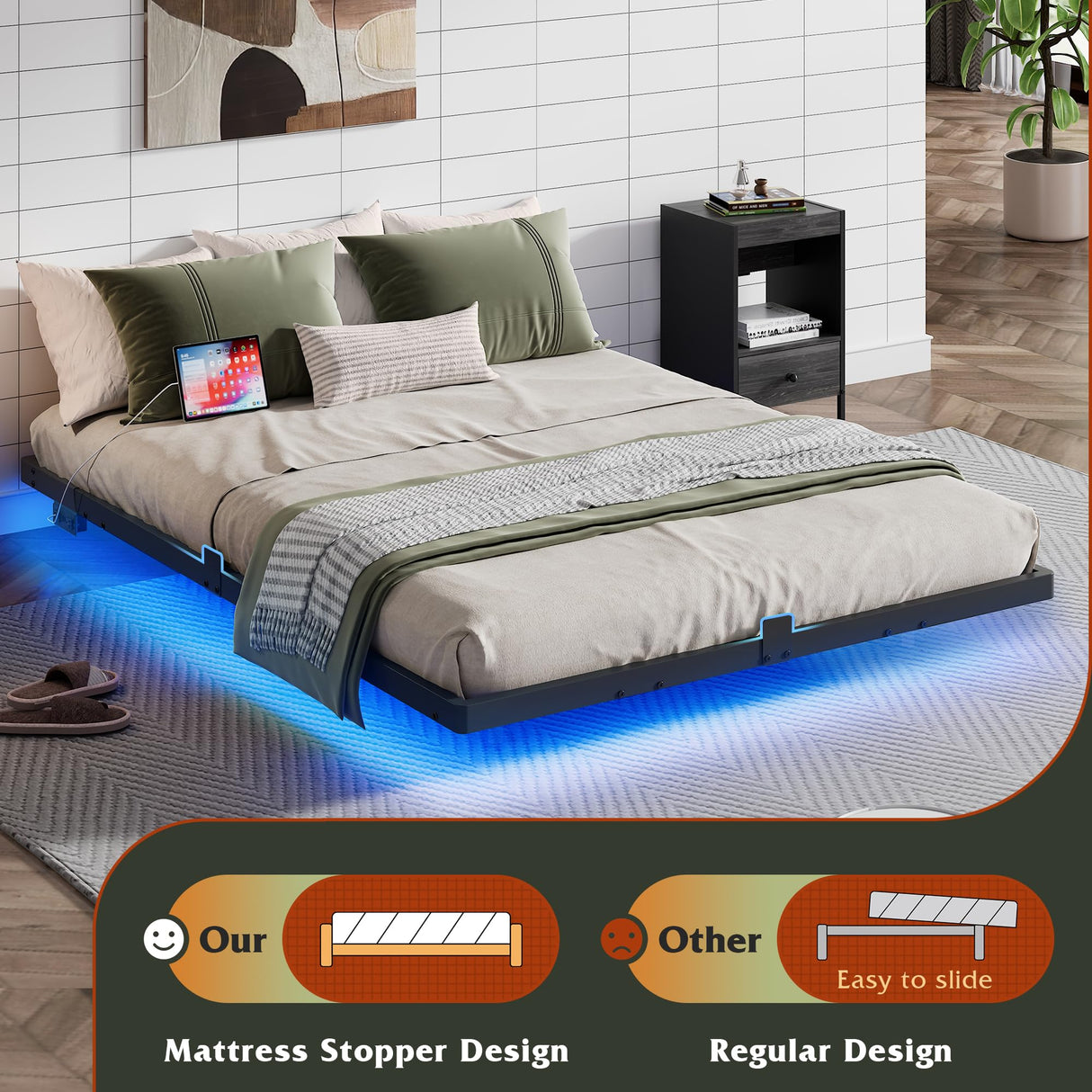 WLIVE Floating Queen Bed Frame, LED Bed Frame with Charging Station, Metal Platform Beds Queen Size with Heavy Duty Steel Slats, No Box Spring Needed, Easy Assembly, No Noise, Black WLIVE