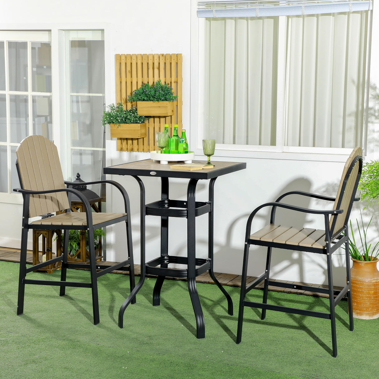 Outsunny 3 Piece Patio Bar Set, Outdoor High Top Table and Chairs Set with Umbrella Hole, Aluminum Frame Bistro Set for Lawn, Garden, Balcony Outsunny
