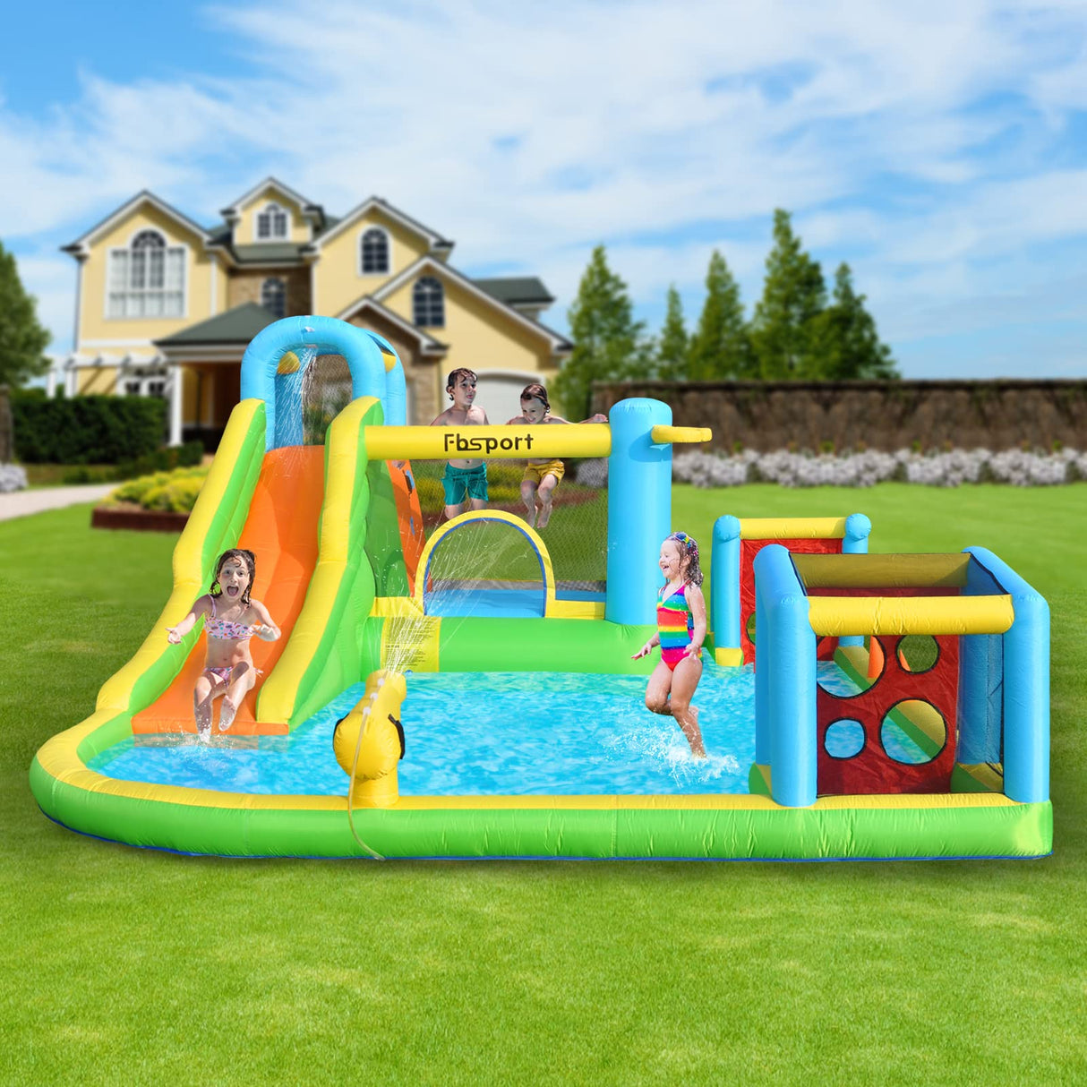 FBSPORT Inflatable Bounce House, 9 in 1 Water Slide with Blower, Bouncy House for Kids Indoor Outdoor Wet Dry Combo Water Bounce House with Football Shooting, Water Gun, Splash Pool, Bounce Area, Hose FBSPORT