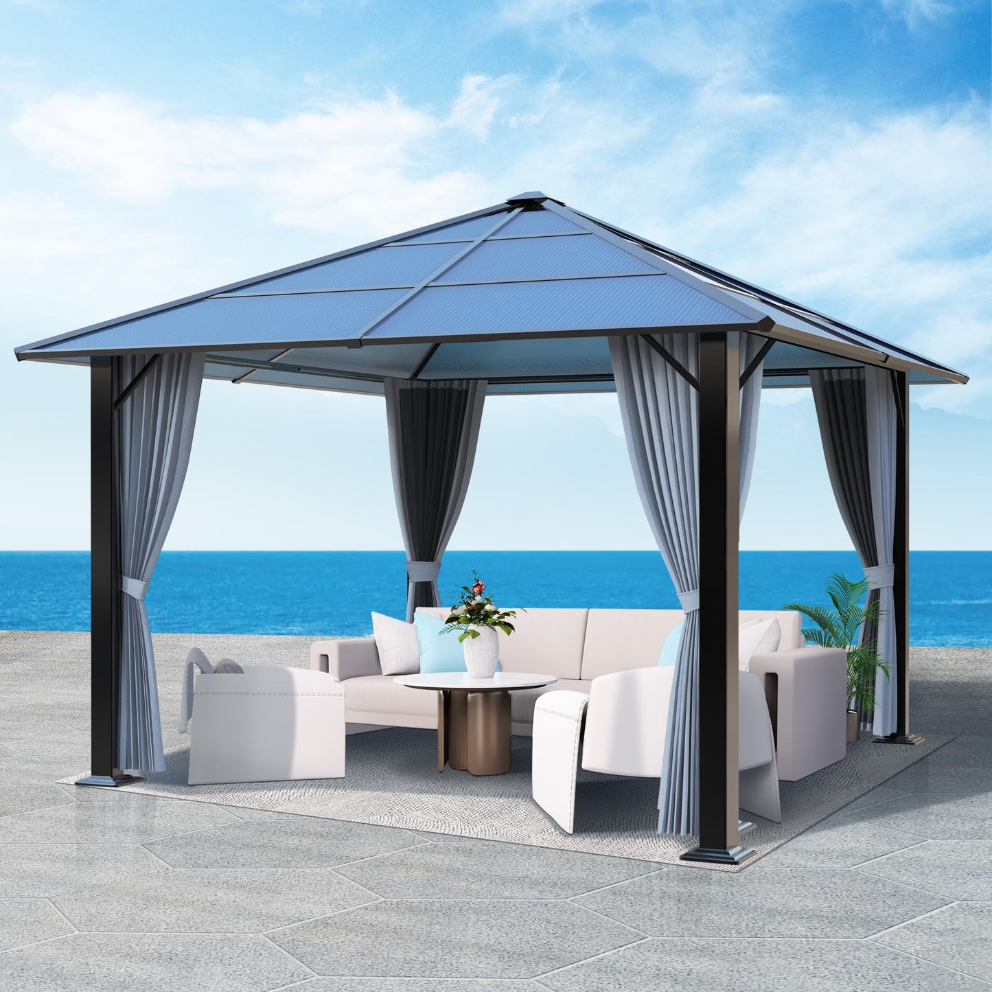 GARTOO 10'x10' Hardtop Gazebo, Outdoor Gazebo with Translucent Roof, Polycarbonate Top Metal Frame Garden Tent with Breathable Mesh and Privacy Curtains for Patio Lawn Garden Backyard, Gray - WoodArtSupply