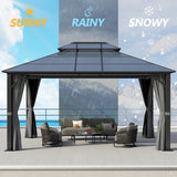 GARTOO 12x14FT Polycarbonate Hardtop Gazebo with Double Roof - Heavy-Duty Steel Frame Gazebo with Breathable Netting & Privacy Curtain for Patio, Porch, Garden, Lawn, Deck, Backyard GARTOO