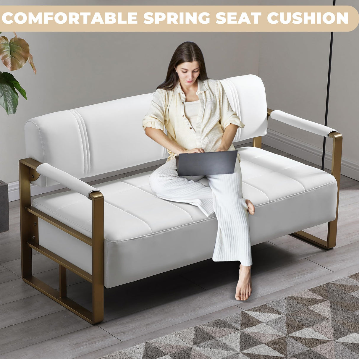 PBOGHLRD 57.9" Modern Leather Loveseat Sofa, Upholstery Faux Bonded Leather Accent Futon Couch with Metal Square Arms for Living Room, Office, Apartment (White) PBOGHLRD