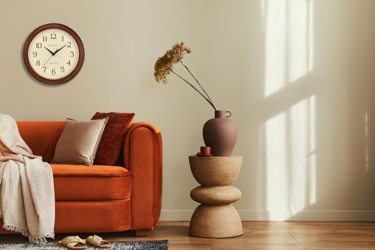 Bulova Atomic Time 2 Analog Wall Clock C5004 | 12.4" Wooden Frame, Sets Time Automatically | Quartz Movement | Battery Operated | Classic Design Bulova