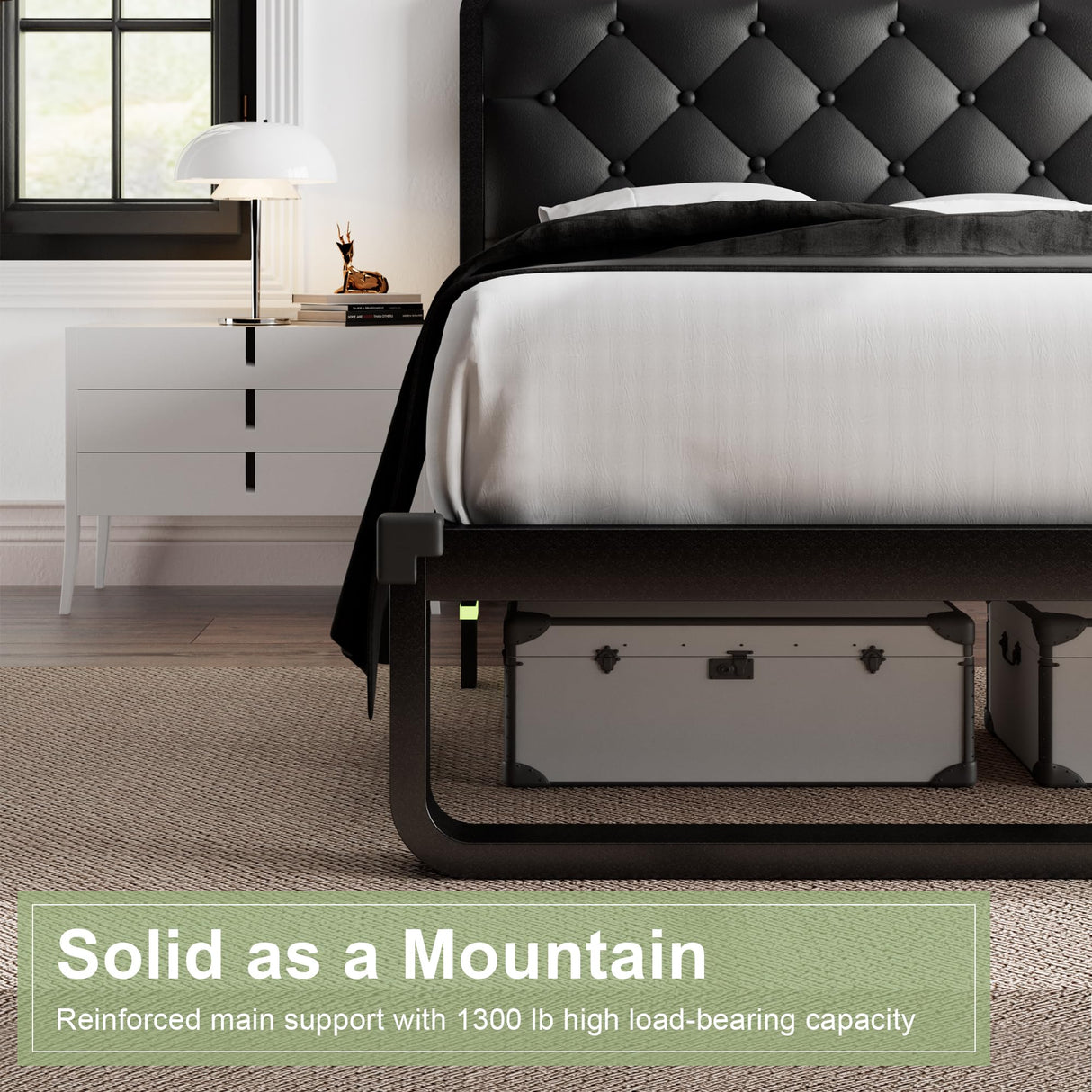 Feonase Twin Bed Frame, Upholstered Platform Bed Frame with Diamond Tufted Headboard, Heavy-Duty Steel Slats, 12" Storage Space, Noise Free, No Box Spring Needed, Easy Assembly, Black Feonase