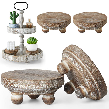 Set of 4 Mini Wood Risers for Decor Round Wooden Riser Small Wooden Stool Display Decorative Riser Stand Farmhouse Risers Rustic Wood Pedestal Stand for Plant Pot Tiered Tray Cake Food Home (Brown) Yalikop