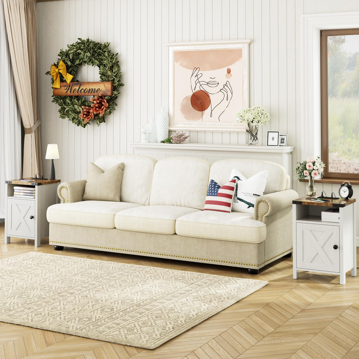 Fameill Nightstands Set of 2, Farmhouse End Tables with Charging Station, Bedside Tables with Barn Door and Shelf, Rustic Living Room Bedroom Side Table, Modern White Fameill