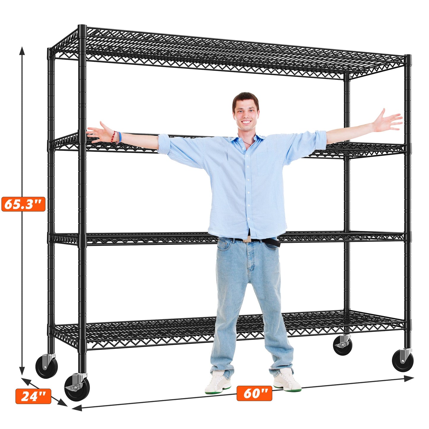 REIBII 60" W Storage Shelves 4 Tier Wire Shelving Unit with Wheels 3000 LBS Heavy Duty Steel Commercial Shelving for Garage,Pantry,Warehouse,Kitchen,School, Business,60”W ×24”D×65.3”H