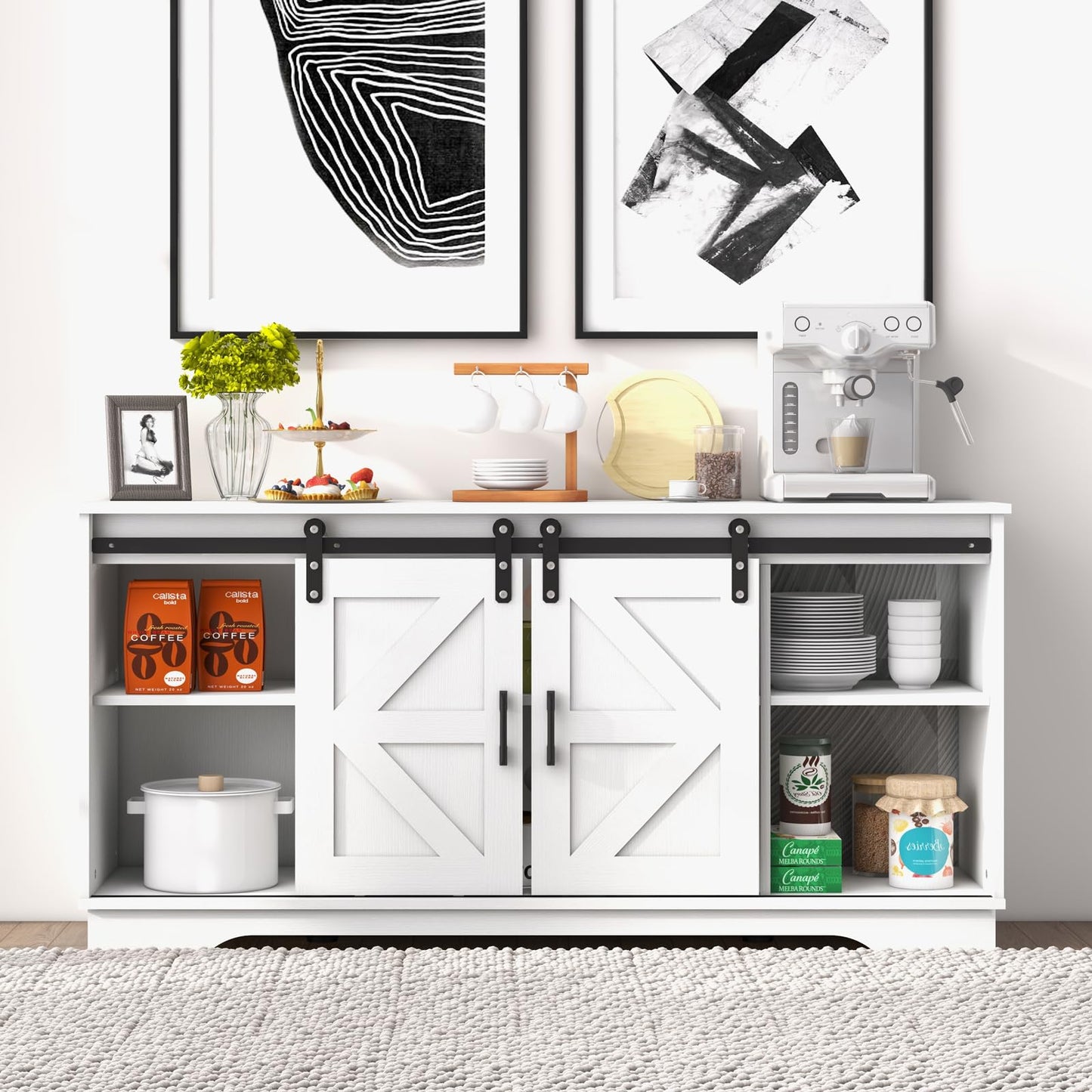 Panana Bar Cabinet with Barn 2 Sliding Doors Buffet Farmhouse Storage Cabinet TV Stand (White Cabinet) - WoodArtSupply