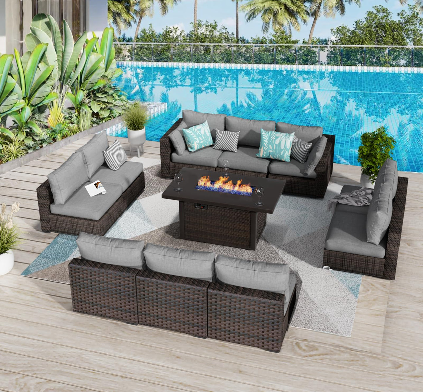 Patio Furniture Set with Fire Pit Table, 11 Pieces PE Rattan Wicker Outdoor Sectional Conversation Sofa Set with Non-Slip Cushions and Waterproof Covers Grey