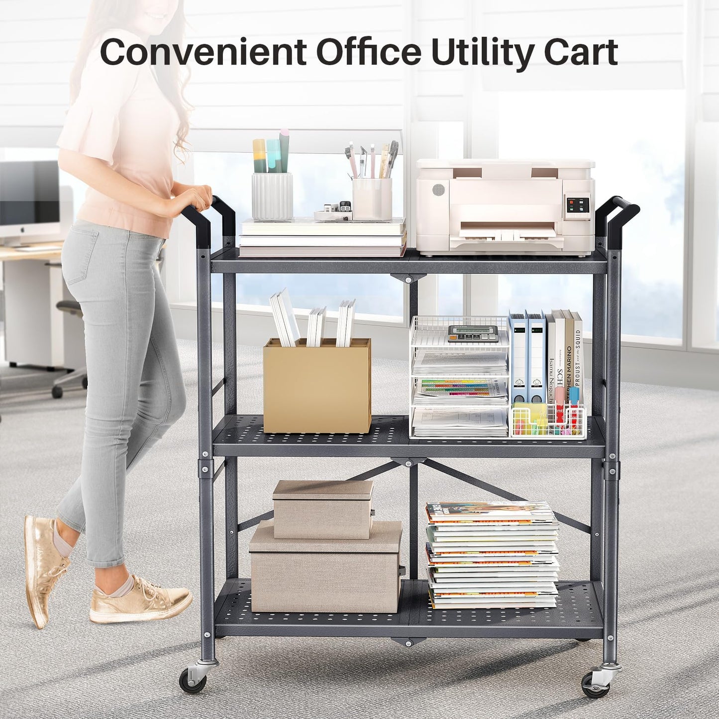 Rolling Utility Cart Folding Cart with Wheels - 3 Tier Collapsible Metal Cart, Large Capacity - WoodArtSupply