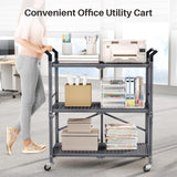 Rolling Utility Cart Folding Cart with Wheels - 3 Tier Collapsible Metal Cart, Large Capacity SNTD