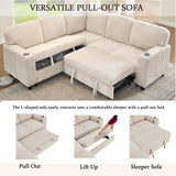 KEIKI 81" L-Shaped Oversized Corduroy Modular Sectional Sleeper Sofa with Pull-Out Bed, Storage Seat, Modern 5-Seater Upholstered Couch Bed with Charging Station, Easy Assembly, for Living Room, Beige KEIKI