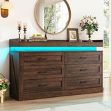 Hlivelood 59" Large Farmhouse 6 Drawers Dresser for Bedroom,Wide Wood Rustic 6 Chests of Drawers for Closet, with LED Light and Power Outlets,Tall Storage Dresser Organizer for Bedroom(Antique Brown) Hlivelood