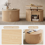 LINSY Lift Top Coffee Table, Round Fluted Coffee Table with Storage, Boho Wooden Coffee Tables with Sliding Tambour Door, 31.5" Center Table for Living Room, Office, Small Space, Natural Oak LINSY