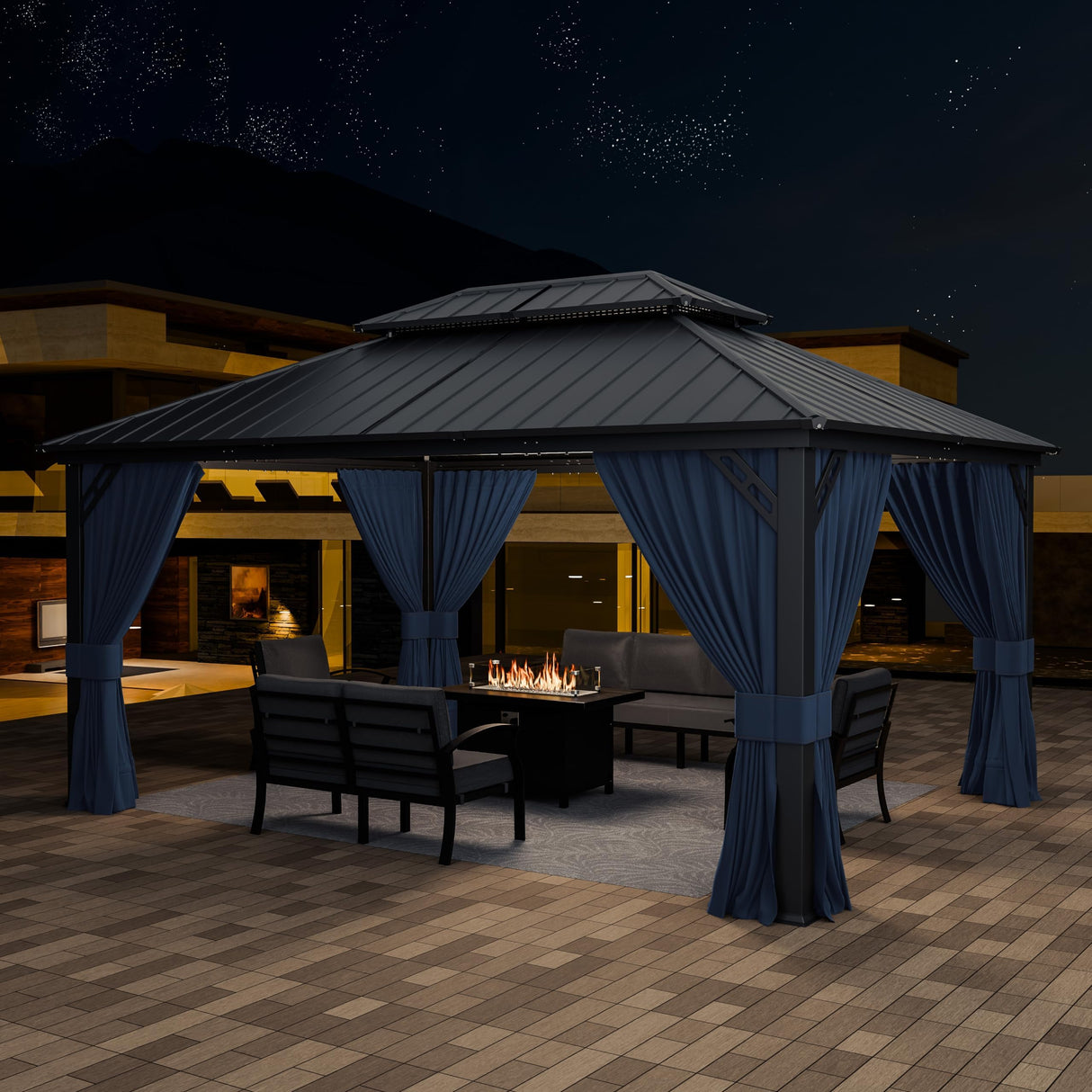 ASJMR 12x16ft Gazebo Metal Roof Hardtop Gazebo, Aluminum Outdoor Pergola with Curtains and Netting, 2-Layer Hard top Galvanized Iron Pergola Suitable for Courtyards, Backyards,Decks,and Grass,Pool ASJMR