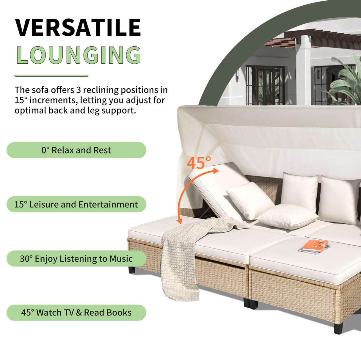 Rattan Outdoor Daybed with Retractable Canopy, 4 Pieces Patio Furniture Sets, Outdoor Sectional Sofa Set with Adjustable Backrest, Chaise Chair Sunbed for Garden Poolside Backyard,Beige Harper & Bright Designs