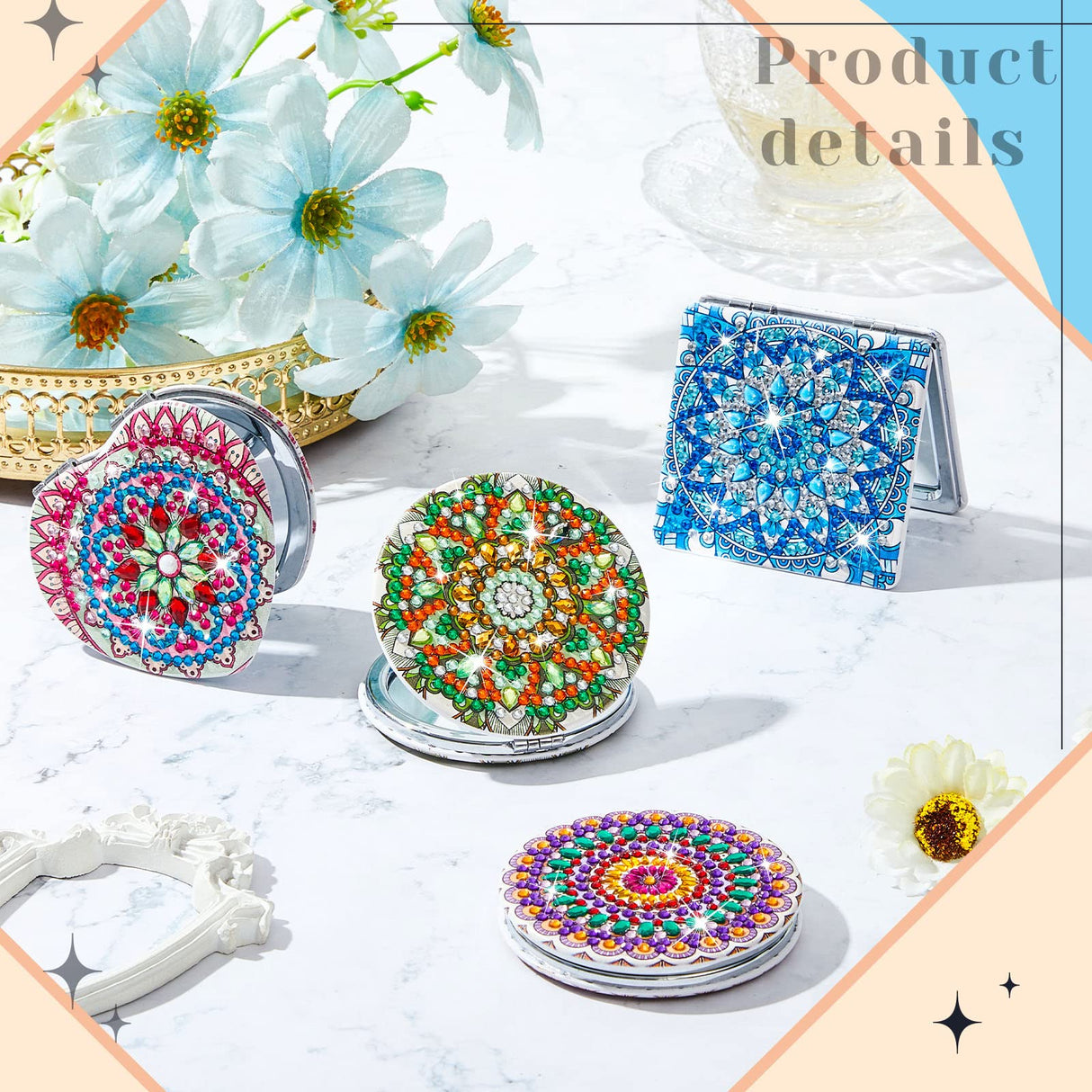 Marsui 4 Pcs Diamond Painting Compact Mirror DIY Painting Pocket Portable Folding Purse Mirror for Women Diamond Art Mom Gifts for Mother's Day Nurse Week Party Favors(Mandala) Marsui