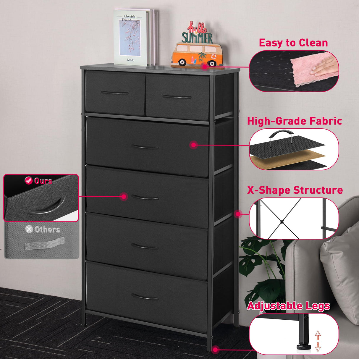 Mifuro Tall Dresser for Bedroom, Vertical Storage Organizer Tower with 6 Drawers, Chest of Drawers with Fabric Bins, Steel Frame, Wood Top for Bedroom, Closet, Entryway- Black Mifuro