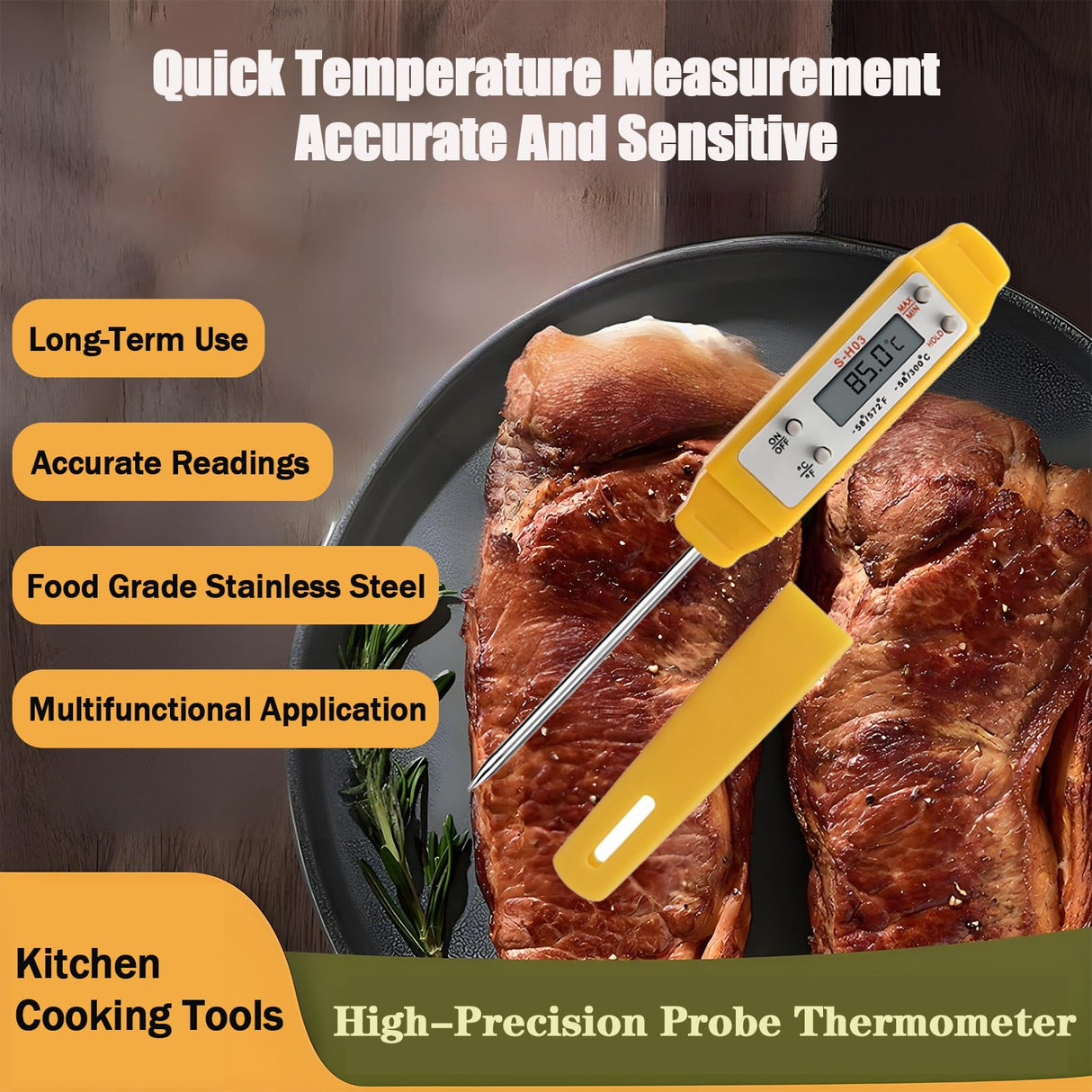 Ausenzup Meat Thermometer - Digital Food Thermometer for Cooking Kitchen - Automatic Calibration Pen Style Electronic Pocket Thermometer for Water Temperature, Barbecue (Yellow) Ausenzup