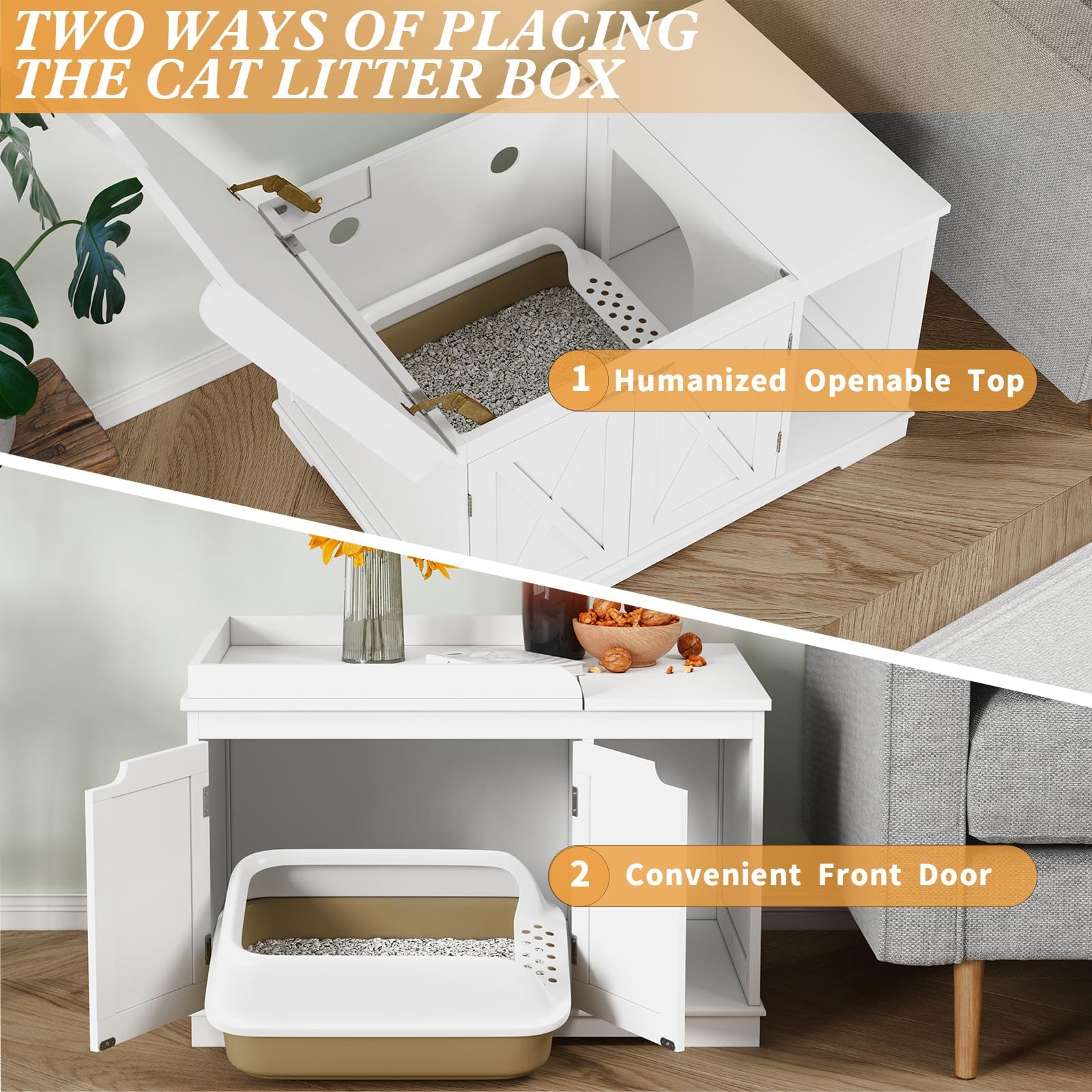 PUPETPO Flip Top Cat Litter Boxes Enclosure Covered Litter Box Hidden Furniture Wooden Cat Washroom Cabinet for Kitty, Medium and Large Cat White - WoodArtSupply