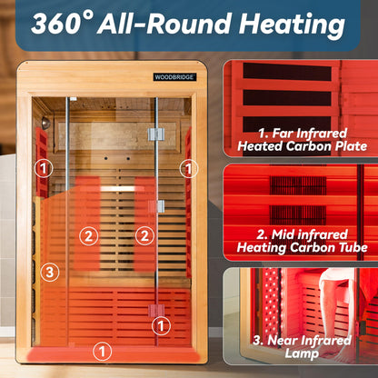 WOODBRIDGE Infrared Home Sauna Room 2 Person Hemlock Wooden Indoor Sauna,7 Carbon 2230W/120V Heaters,with Led Color Therapy Light,Bluetooth Speaker,Tempered Glass,Touch-Tone Keypad and A Top Vent