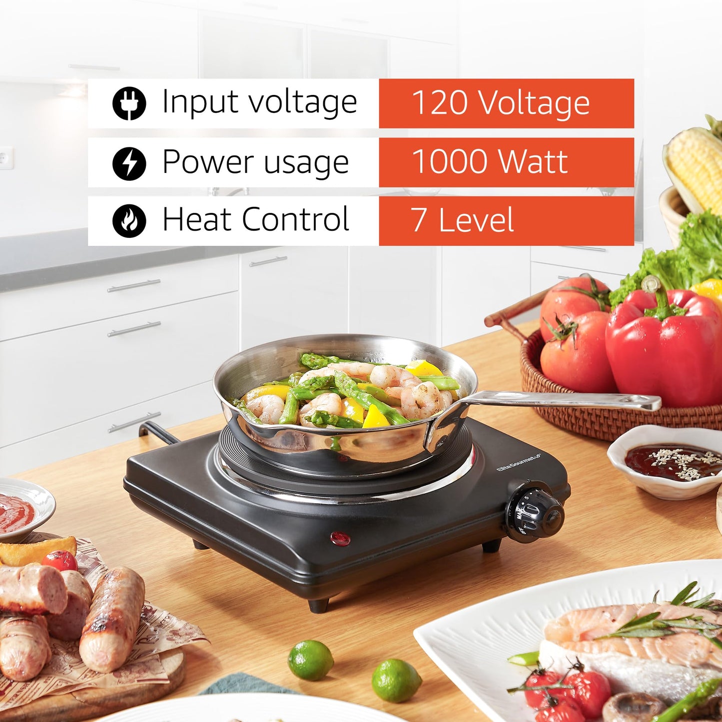 Elite Gourmet ESB-301BF Countertop Single Cast Iron Burner, 1000 Watts Electric Hot Plate, Temperature Controls, Power Indicator Lights, Easy to Clean, Black