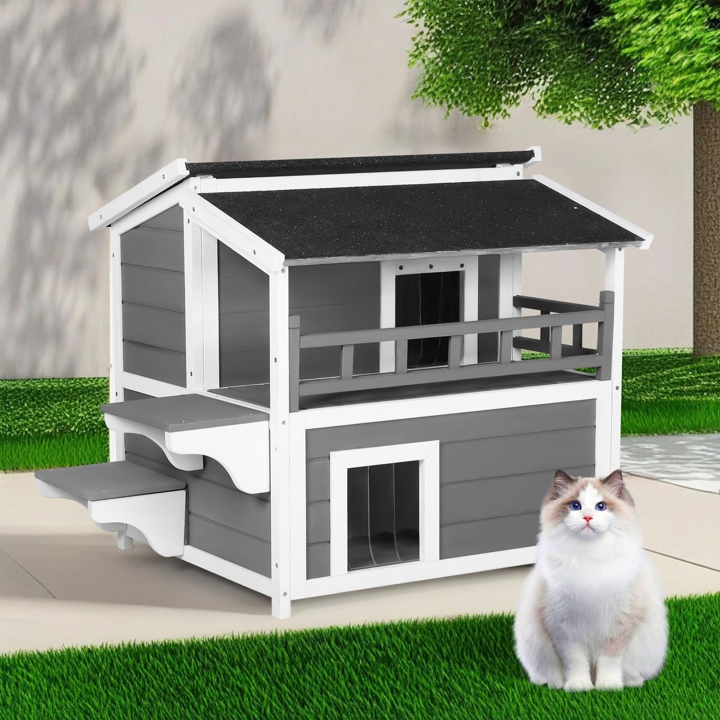 Oakcloud Outdoor Cat House Shelter Weatherproof, 2-Story Feral Cat Patio with Clamshell Asphalt Roof and Door with PVC Curtain, Wooden Cat Condos Provide All-Season Protection